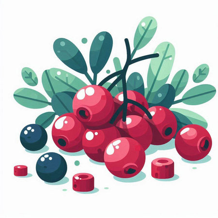 Cranberry vector illustration isolated on white background. Fresh berries with green leaves.のイラスト素材