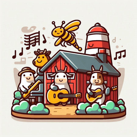 Cartoon vector illustration of a farm with bees, lighthouses and musical instruments.のイラスト素材