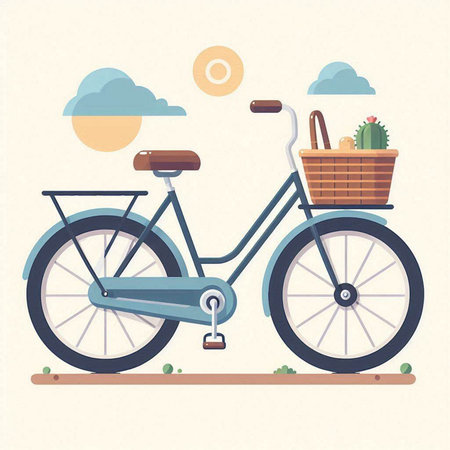 Bicycle with basket and sun. Vector illustration in flat style.のイラスト素材