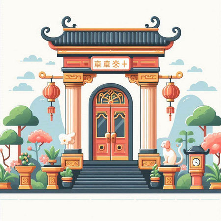 Chinese temple entrance vector illustration in flat style. Traditional chinese architecture.のイラスト素材