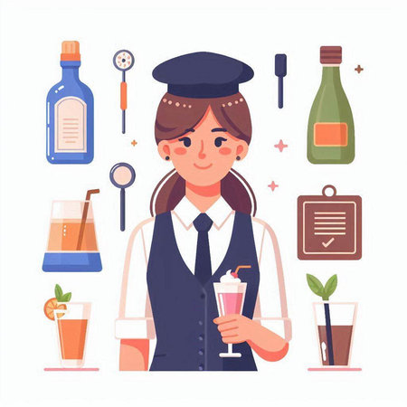 Girl bartender in uniform holding glass of cocktail and bottle of alcohol. Vector illustrationのイラスト素材