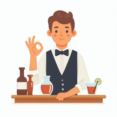 Bartender in uniform making cocktail at bar counter. Vector illustration in cartoon styleのイラスト素材
