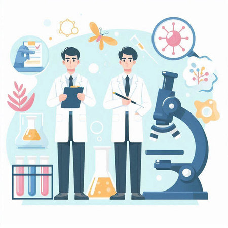 Scientist working in laboratory. Flat vector illustration on white background.のイラスト素材