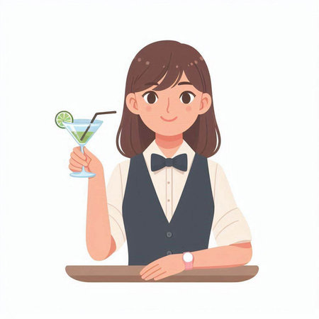Girl bartender holding a glass of cocktail. Vector illustration on white background.のイラスト素材