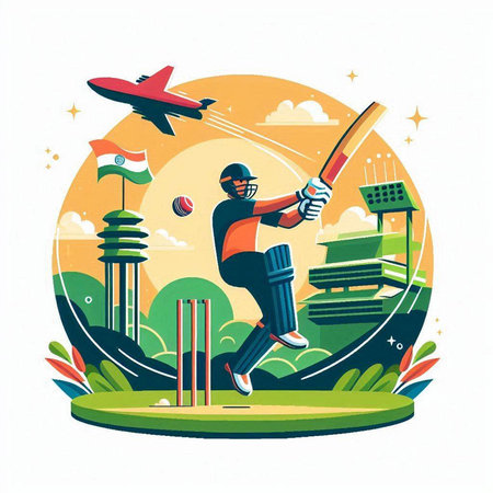 Cricket player playing cricket. Vector illustration in flat style.のイラスト素材
