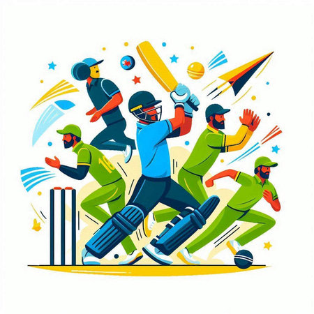 Cricket players in action with bats and balls. Vector illustrationのイラスト素材