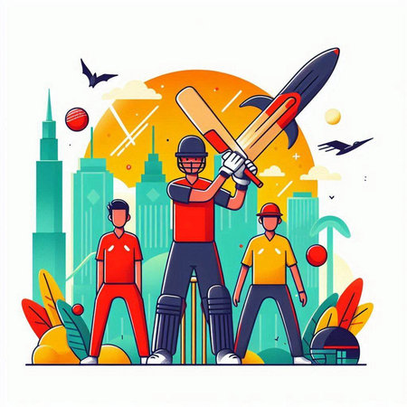 Cricket players on the background of the city. Vector illustrationのイラスト素材
