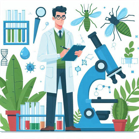 Scientist with microscope and test tubes. Flat style vector illustration.のイラスト素材