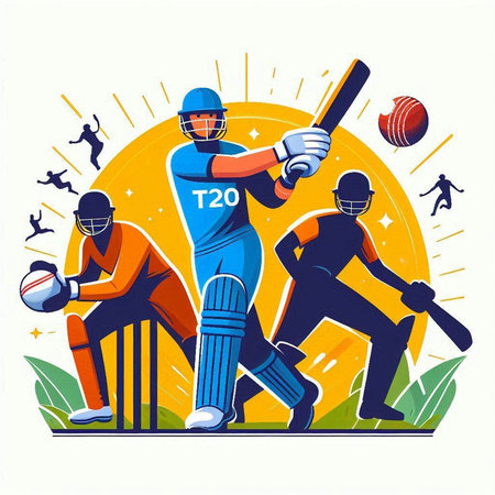 Cricket players, batsman in action. Vector illustration.のイラスト素材