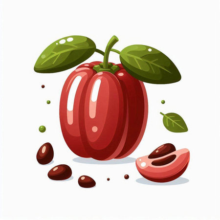 Red bell pepper with leaves isolated on white background. Vector illustration.のイラスト素材