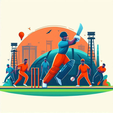 Batsman playing cricket game. Vector illustration in flat style.のイラスト素材