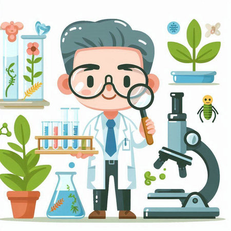 Scientist working in laboratory. Vector illustration in flat cartoon style.のイラスト素材