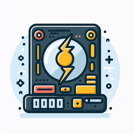 Hard disk drive with lightning. Vector illustration in thin line style.のイラスト素材