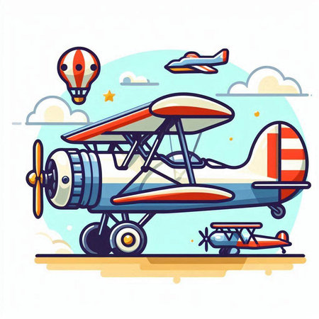Airplane with propeller. Vector illustration in flat cartoon style.のイラスト素材