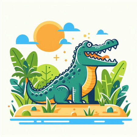 Crocodile on the beach. Vector illustration in flat styleのイラスト素材