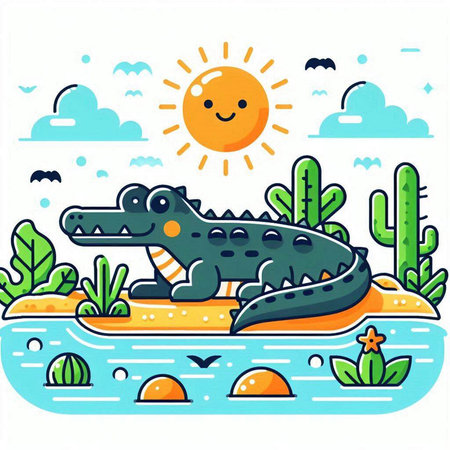 Crocodile on the island. Vector illustration in cartoon styleのイラスト素材
