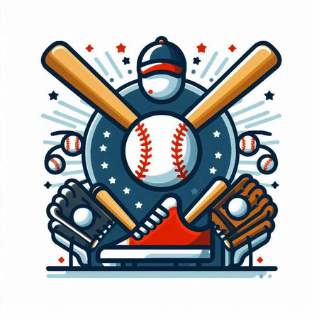 Baseball emblem with crossed bats, ball and gloves. Vector illustration.のイラスト素材
