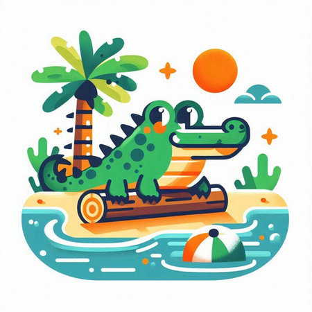 Crocodile on the beach. Vector illustration in flat styleのイラスト素材