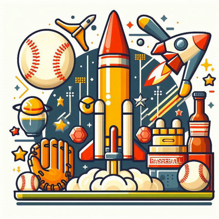 Cartoon vector illustration of a set of sports equipment and space rocket.のイラスト素材