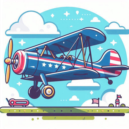 Cartoon biplane on the background of the summer sky. Vector illustrationのイラスト素材