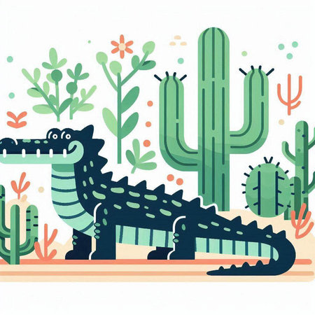Crocodile and cactuses. Vector illustration. Flat style.のイラスト素材