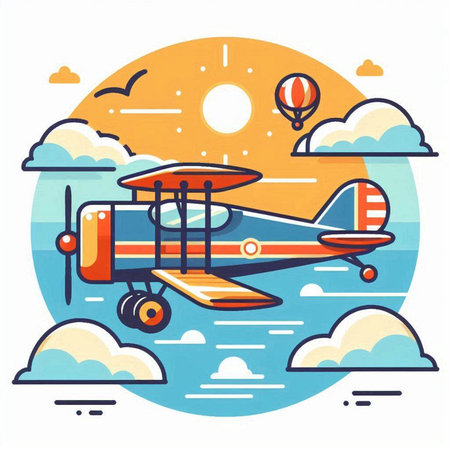 Airplane in the sky. Vector illustration in flat design style.のイラスト素材