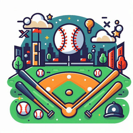 Baseball stadium in flat style. Vector illustration of sport equipment.のイラスト素材