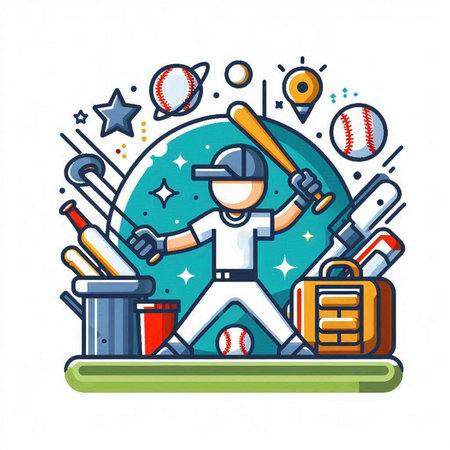 Baseball player with bat, ball and equipment. Vector illustration.のイラスト素材