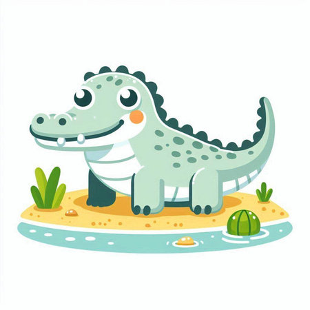 Cute crocodile on the island. Vector illustration in cartoon style.のイラスト素材