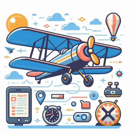 Vector illustration of aerobatic airplane with different icons on white background.のイラスト素材