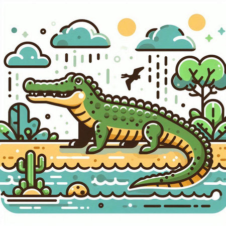 Crocodile on the river. Vector illustration in flat styleのイラスト素材