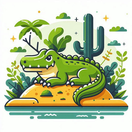 Crocodile on the island with cactus. Vector illustrationのイラスト素材