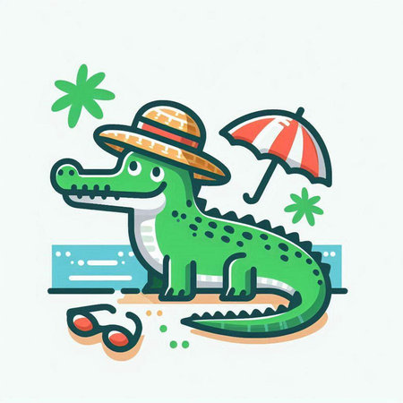 Cute crocodile with hat, sunglasses and umbrella. Vector illustration.のイラスト素材