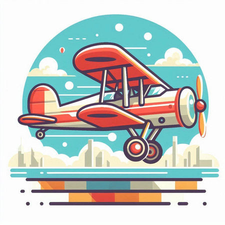 Retro airplane on the background of the city. Vector illustration.のイラスト素材