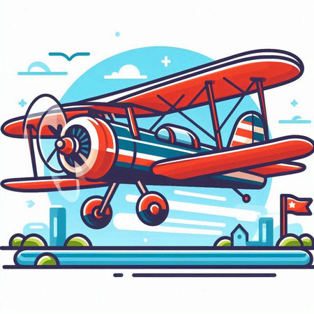 Retro airplane flying in the blue sky. Vector cartoon illustration.のイラスト素材