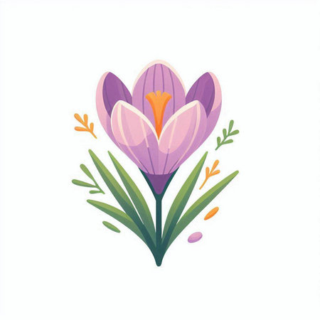 Beautiful crocus flower in cartoon style on a white background. Vector illustration.のイラスト素材