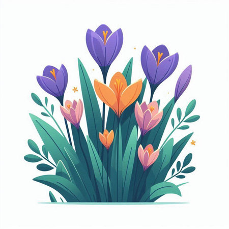 Beautiful spring crocus flowers. Vector illustration in cartoon style.のイラスト素材