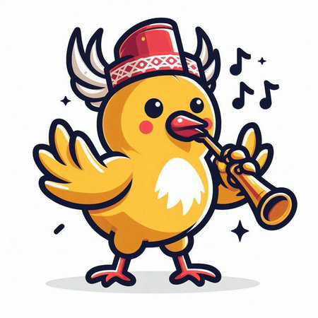 Cute cartoon chicken in a red hat playing the trumpet. Vector illustration.のイラスト素材