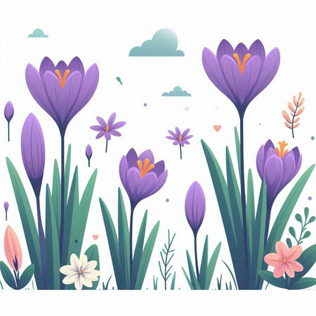 Crocuses and crocuses in the garden. Vector illustration.のイラスト素材