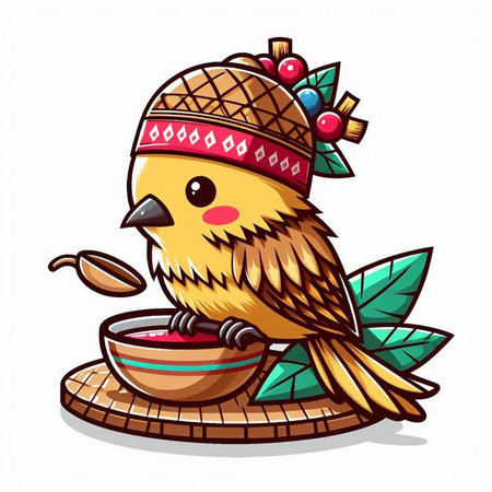Cute little bird with a bowl of honey. Vector illustration.のイラスト素材