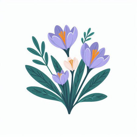Crocuses and crocus flowers in a bouquet. Vector illustration.のイラスト素材