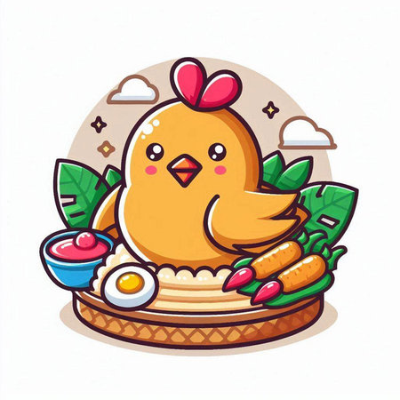 Vector illustration of cute cartoon chicken with carrot, egg and tomato.のイラスト素材