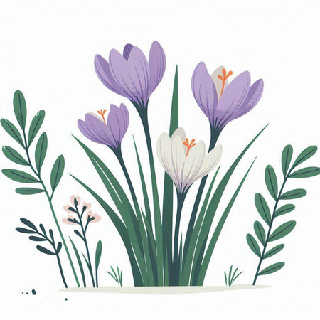 Beautiful spring crocus flowers on white background. Vector illustration.のイラスト素材