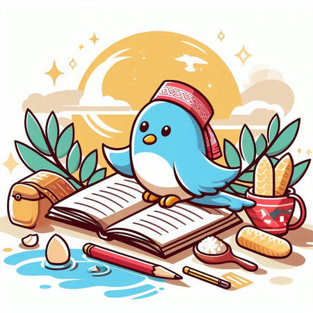 Illustration of a Bird Reading a Book with a Crescent Moon on the Backgroundのイラスト素材