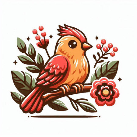 Cute bird sitting on a branch with flowers. Vector illustration.のイラスト素材