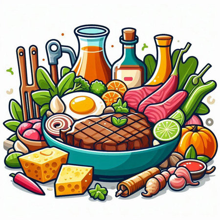 Vector illustration of healthy food. Steak, vegetables, eggs, cheese, sauce, pepper, olives, olive oil, herbs and spices.のイラスト素材