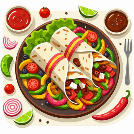 Mexican tortilla wrap with vegetables and salsa. Vector illustration.のイラスト素材