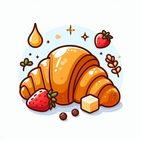 Croissant with strawberry and honey. Vector illustration in cartoon style.のイラスト素材