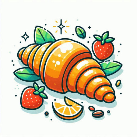 Croissant with orange and strawberry. Vector illustration in cartoon style.のイラスト素材