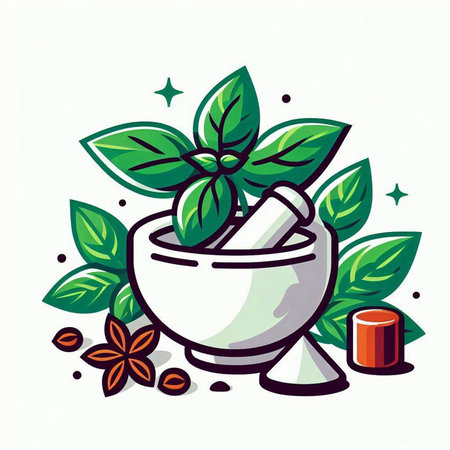 Mortar and pestle with fresh herbs. Vector illustration.のイラスト素材